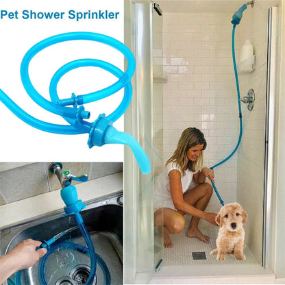 Furly pet shower hose attached to a shower head to wash a dog