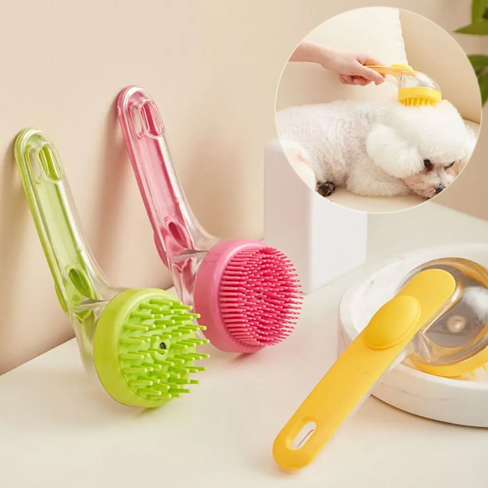Furly pet bath brush with shampoo dispenser for dogs and cats